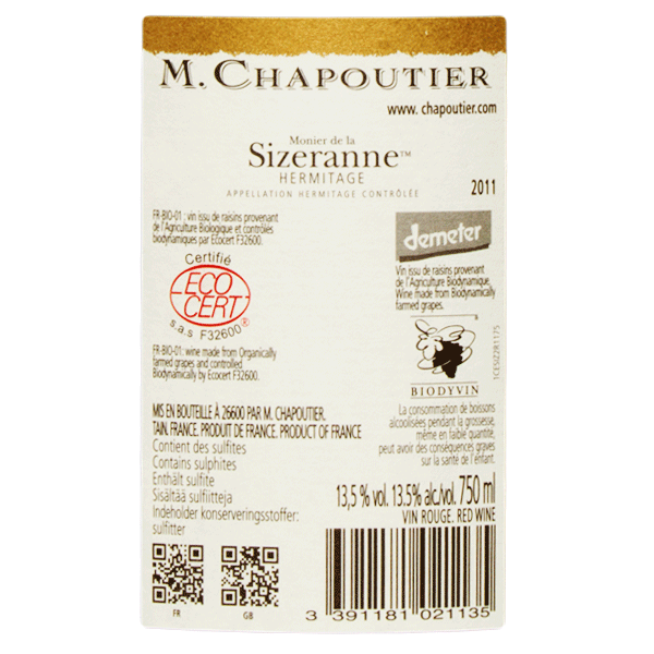 Sizeranne Hermitage Chapoutier Rouge 2011, étiquette